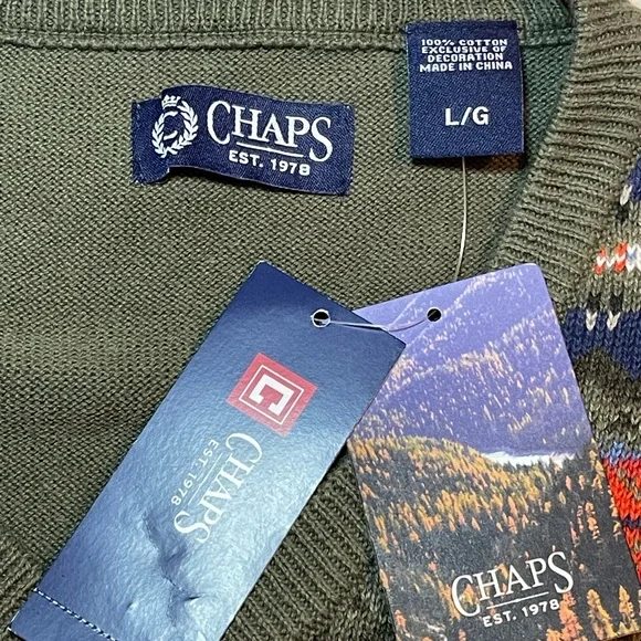 Large Green Chaps Sweater Vest with Orange/Blue Striped V-Neck NWT - Picture 5 of 7